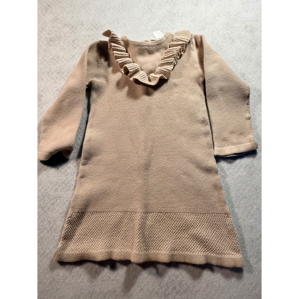 Nicole Miller New York Girls Tan Knit Ruffle Neck Sweater Dress 4T